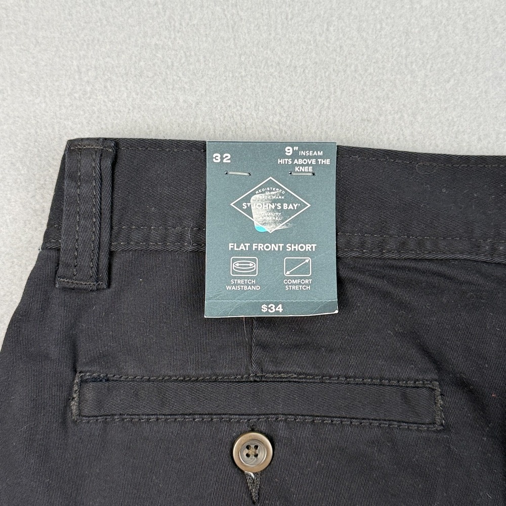 St Johns Bay Shorts Mens 32 Black Flat Front Chino Comfort Stretch 9" Inseam NWT - Picture 5 of 10